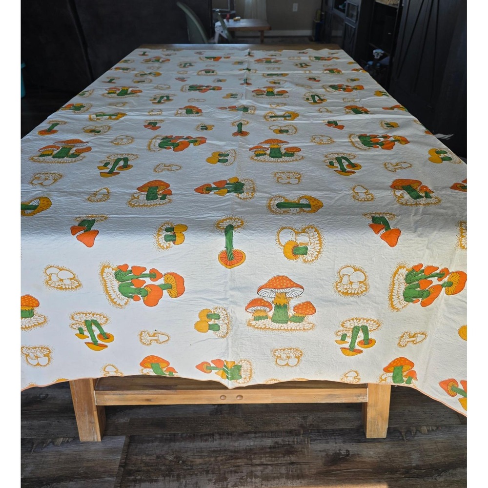 Vintage 70s Mushroom Print Vinyl Rectangular Tablecloth Orange Green Retro 67x53